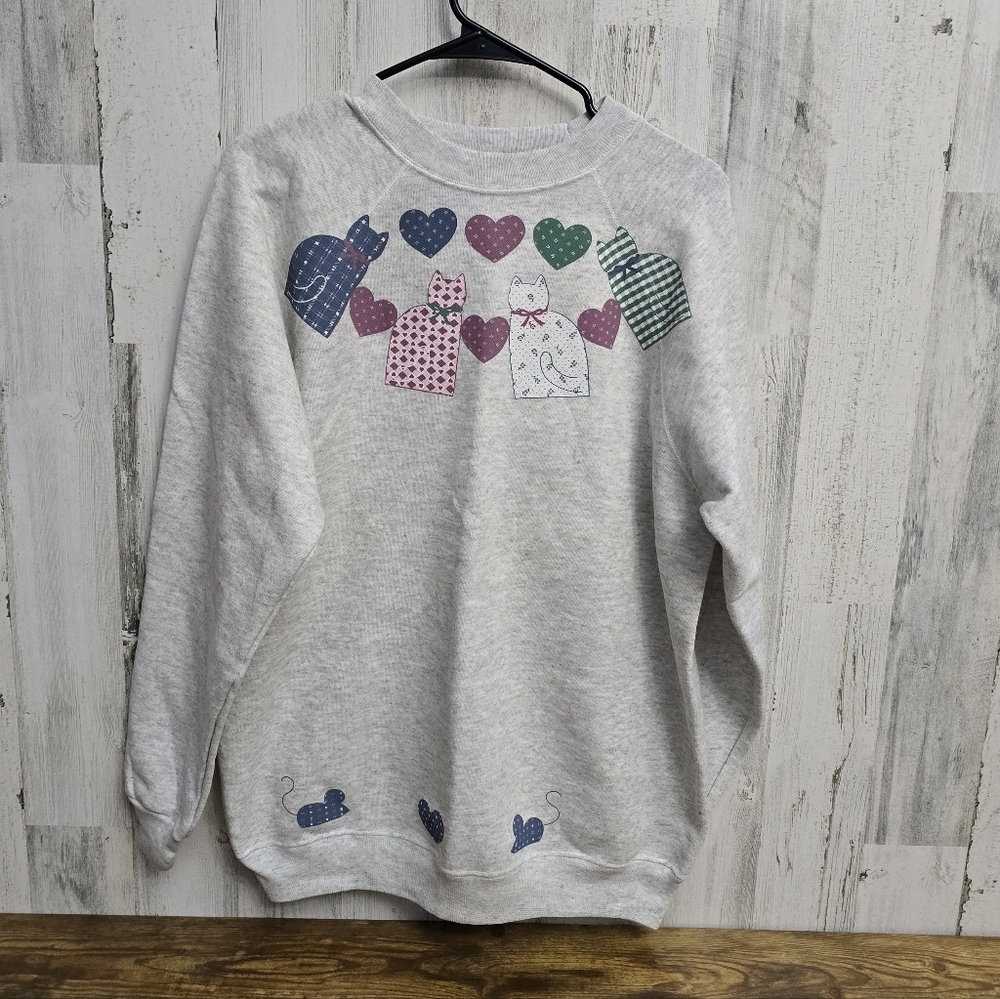 Vintage 90s Hanes Her Way Gray Cat And Mouse Sweatshirt Womens Size XL